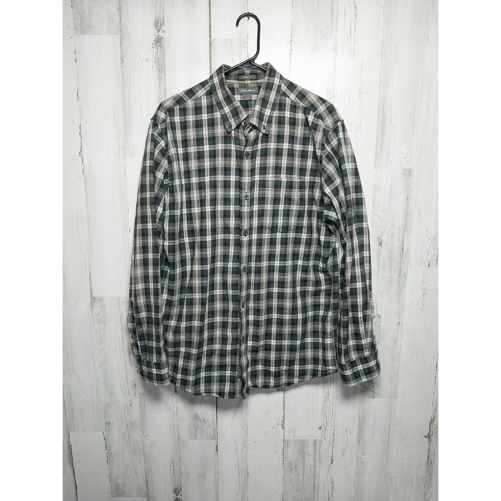 Eddie Bauer Shirt Adult Large Green White Button Up Outdoors Plaid Long Sleeve